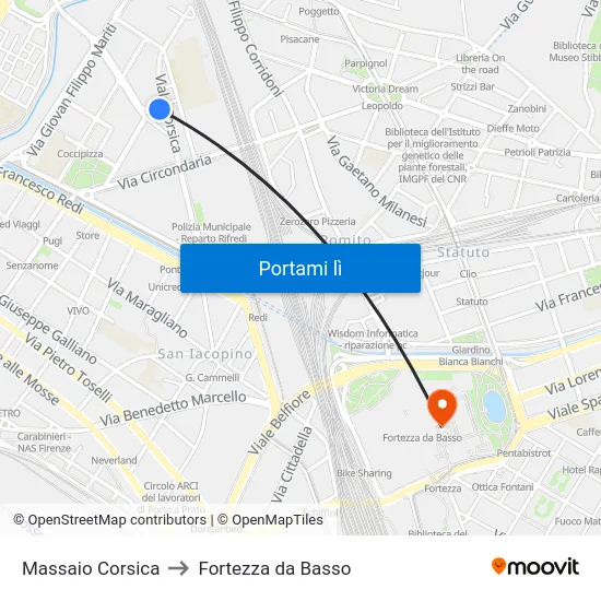 Massaio Corsica to Fortezza da Basso map