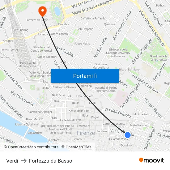 Verdi to Fortezza da Basso map
