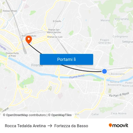 Rocca Tedalda Aretina to Fortezza da Basso map
