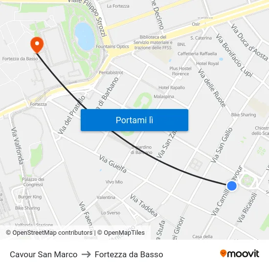 Cavour San Marco to Fortezza da Basso map