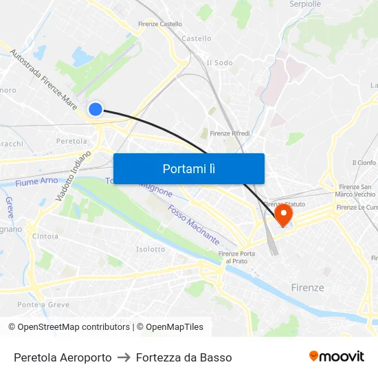Peretola Aeroporto to Fortezza da Basso map
