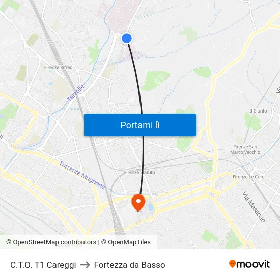 C.T.O. T1 Careggi to Fortezza da Basso map