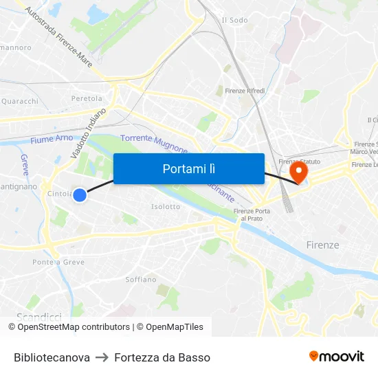 Bibliotecanova to Fortezza da Basso map