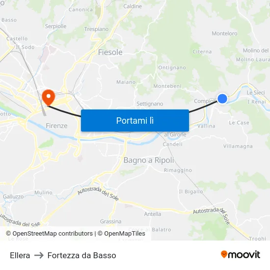 Ellera to Fortezza da Basso map