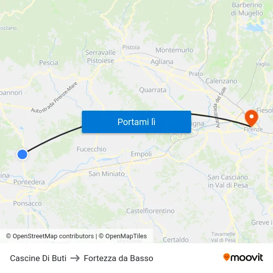 Cascine Di Buti to Fortezza da Basso map