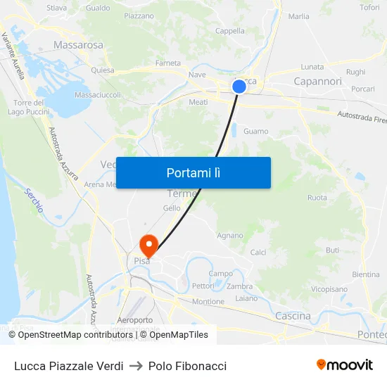 Lucca Piazzale Verdi to Polo Fibonacci map