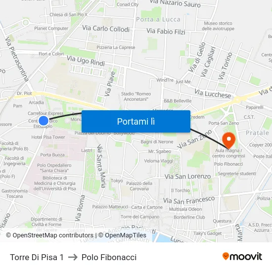 Torre Di Pisa 1 to Polo Fibonacci map