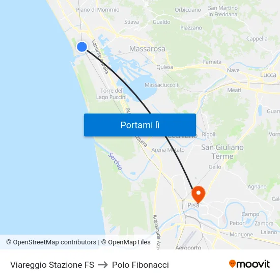 Viareggio Stazione FS to Polo Fibonacci map