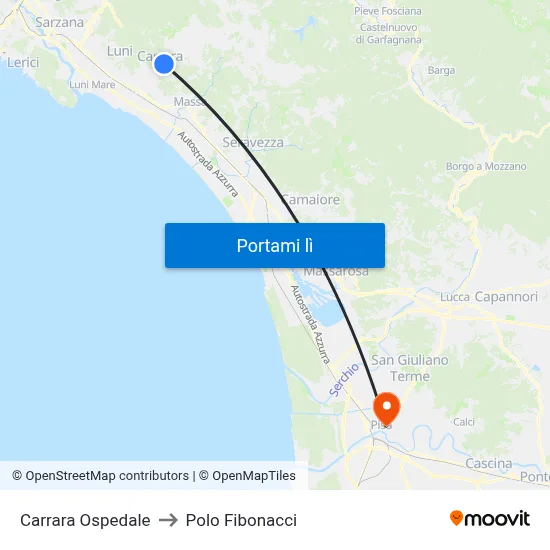Carrara Ospedale to Polo Fibonacci map