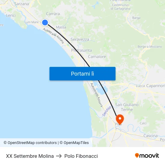 XX Settembre Molina to Polo Fibonacci map