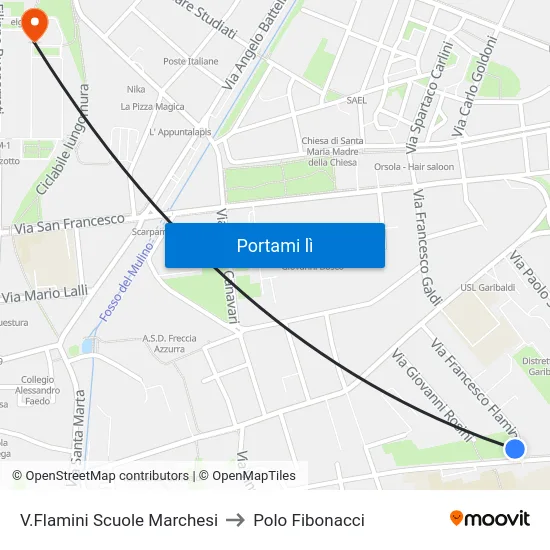 V.Flamini Scuole Marchesi to Polo Fibonacci map
