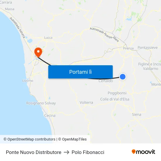 Ponte Nuovo Distributore to Polo Fibonacci map
