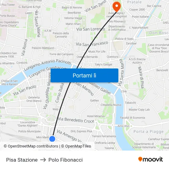 Pisa Stazione to Polo Fibonacci map
