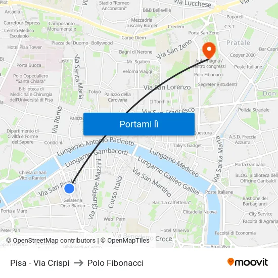 Pisa - Via Crispi to Polo Fibonacci map