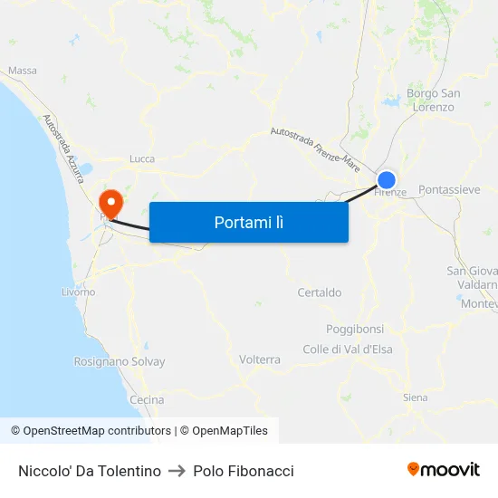 Niccolo' Da Tolentino to Polo Fibonacci map
