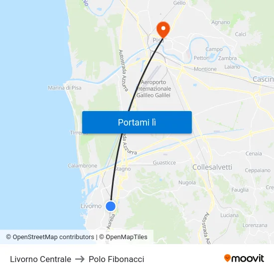 Livorno Centrale to Polo Fibonacci map