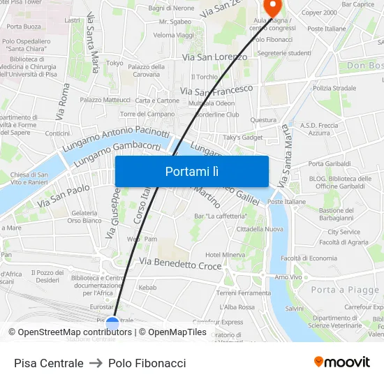 Pisa Centrale to Polo Fibonacci map