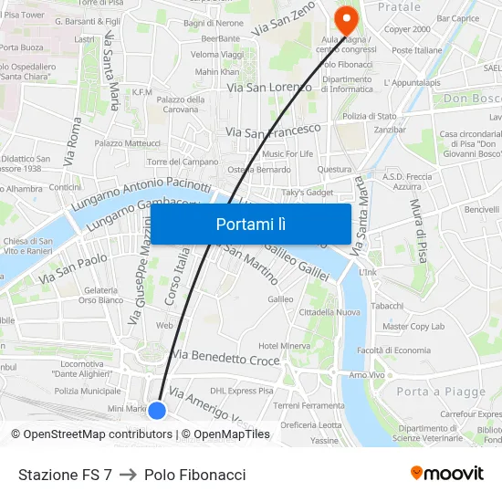 Stazione FS 7 to Polo Fibonacci map