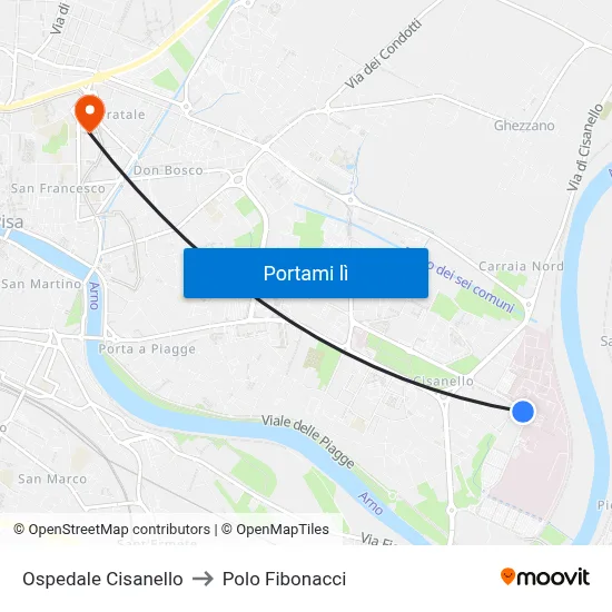 Ospedale Cisanello to Polo Fibonacci map