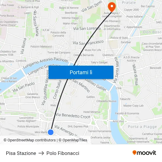 Pisa Stazione to Polo Fibonacci map