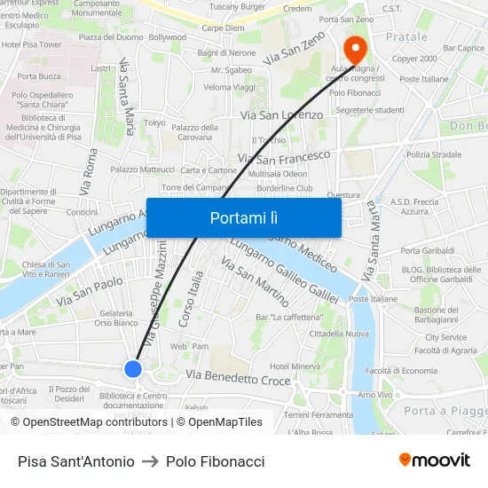 Pisa Sant'Antonio to Polo Fibonacci map