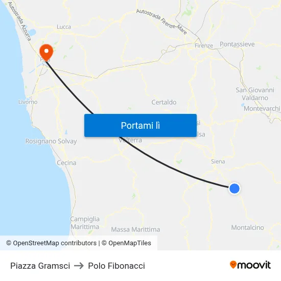 Piazza Gramsci to Polo Fibonacci map