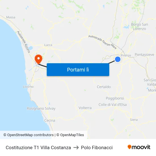 Costituzione T1 Villa Costanza to Polo Fibonacci map