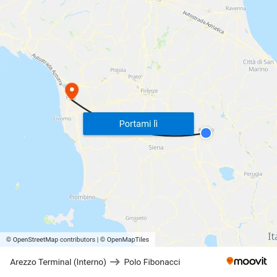 Arezzo Terminal (Interno) to Polo Fibonacci map