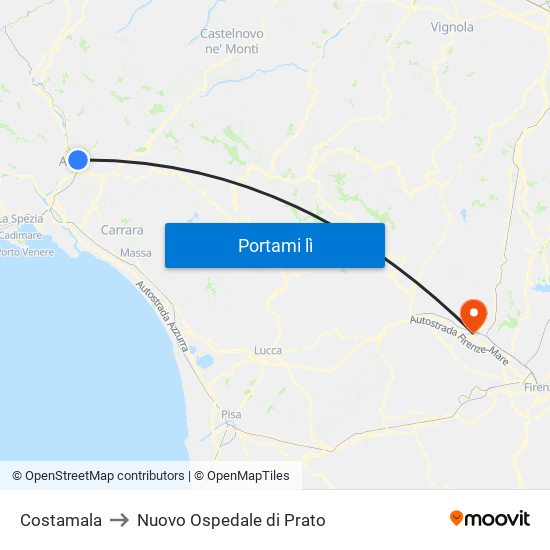 Costamala to Nuovo Ospedale di Prato map