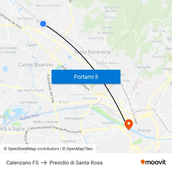 Calenzano FS to Presidio di Santa Rosa map