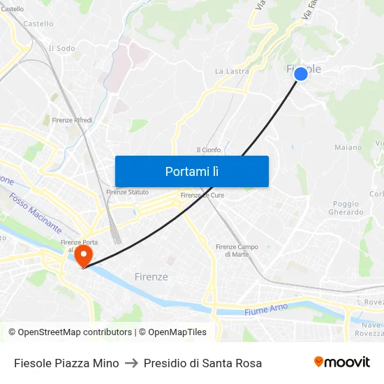 Fiesole Piazza Mino to Presidio di Santa Rosa map