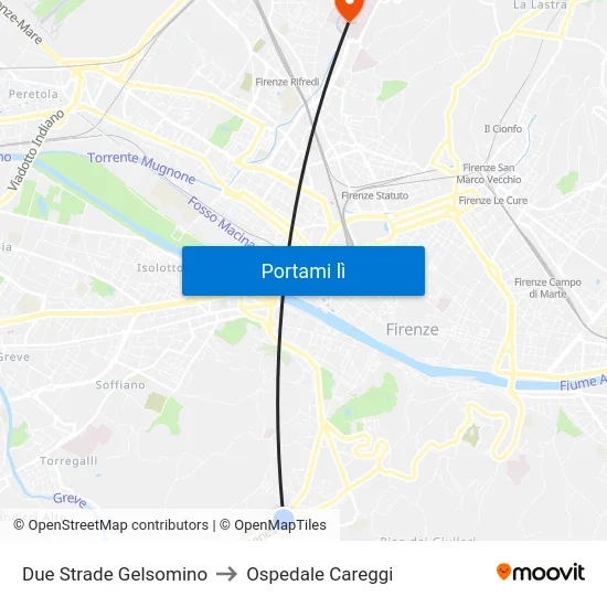 Due Strade Gelsomino to Ospedale Careggi map