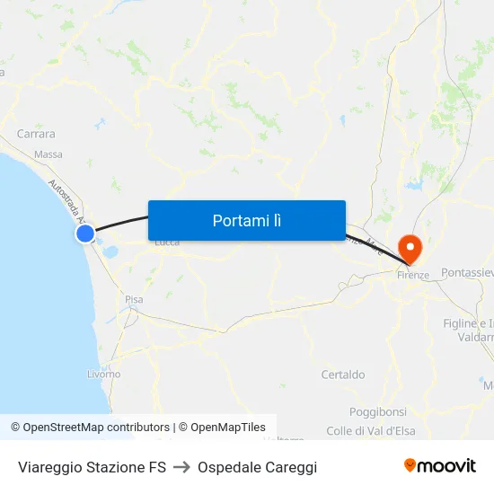 Viareggio Stazione FS to Ospedale Careggi map