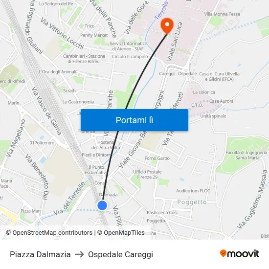 Piazza Dalmazia to Ospedale Careggi map