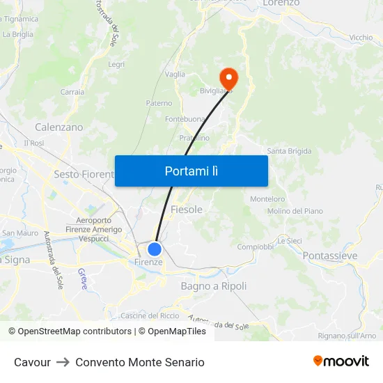Cavour to Convento Monte Senario map