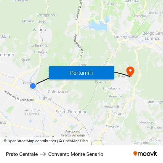Prato Centrale to Convento Monte Senario map