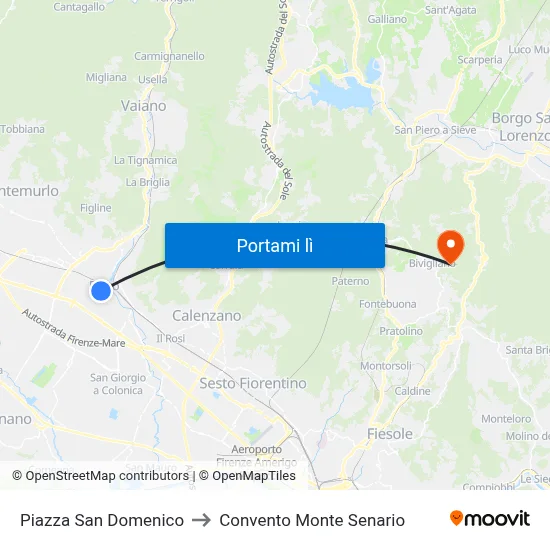 Piazza San Domenico to Convento Monte Senario map