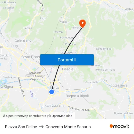 Piazza San Felice to Convento Monte Senario map