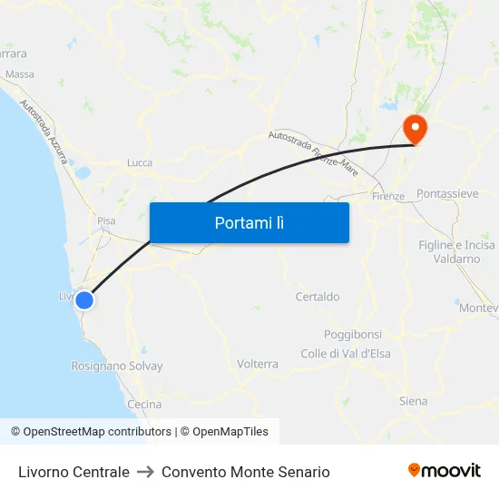Livorno Centrale to Convento Monte Senario map