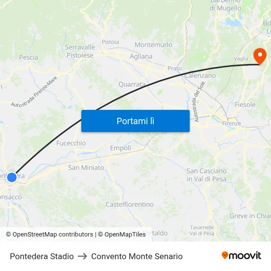 Pontedera Stadio to Convento Monte Senario map
