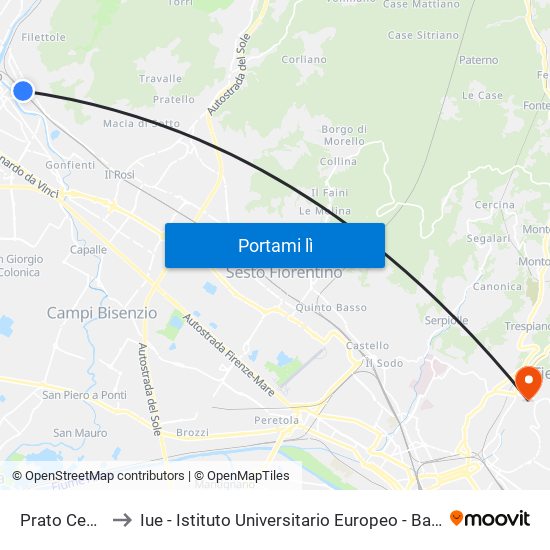 Prato Centrale to Iue - Istituto Universitario Europeo - Badia Fiesolana map