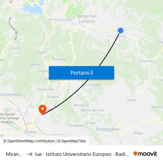 Mirandola to Iue - Istituto Universitario Europeo - Badia Fiesolana map