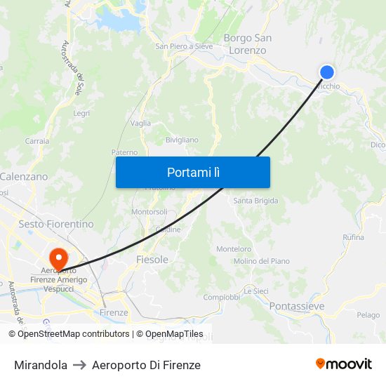 Mirandola to Aeroporto Di Firenze map