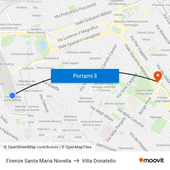 Firenze Santa Maria Novella to Villa Donatello map