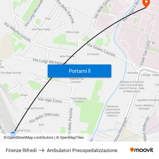 Firenze Rifredi to Ambulatori Preospedalizzazione map