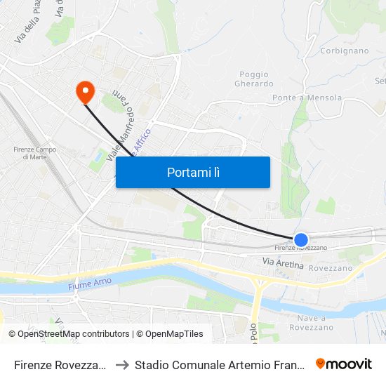 Firenze Rovezzano to Stadio Comunale Artemio Franchi map