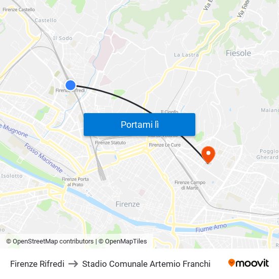 Firenze Rifredi to Stadio Comunale Artemio Franchi map