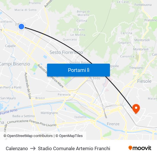 Calenzano to Stadio Comunale Artemio Franchi map