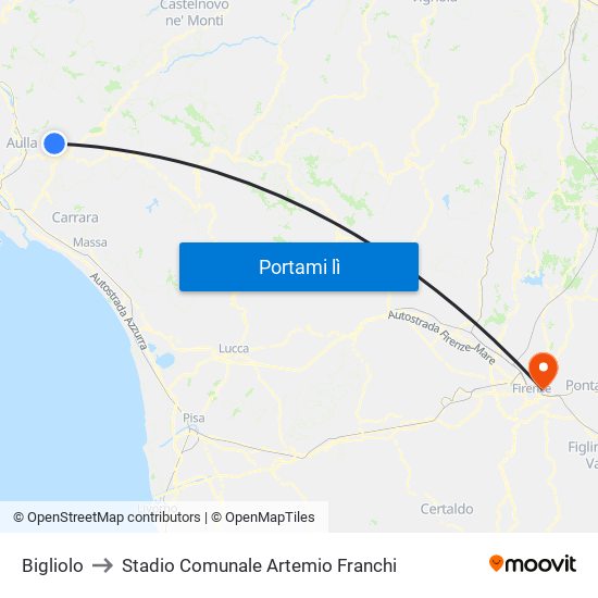 Bigliolo to Stadio Comunale Artemio Franchi map