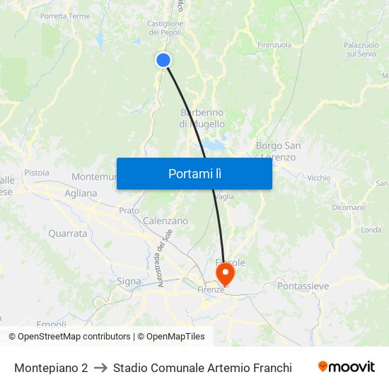 Montepiano 2 to Stadio Comunale Artemio Franchi map